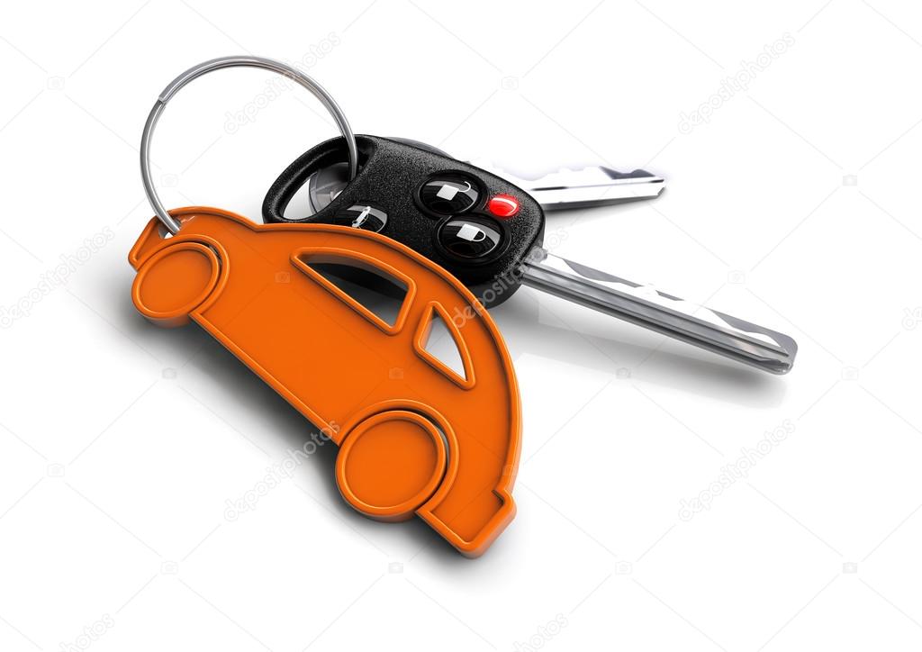 Car keys with orange passenger vehicle icon as keyring.