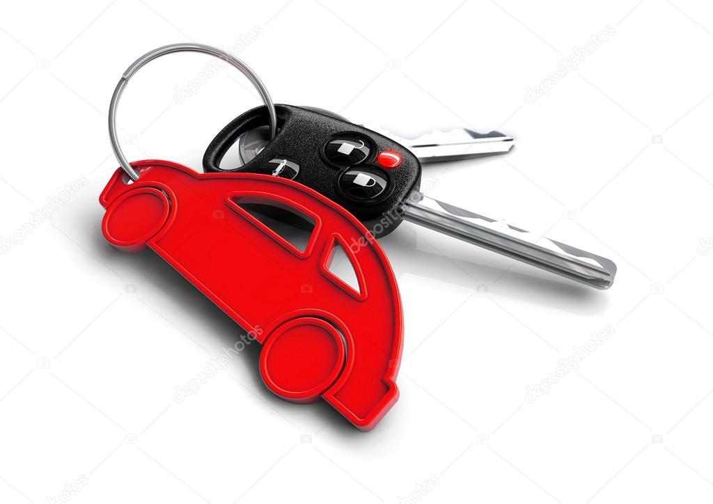 Car keys with orange passenger vehicle icon as keyring.