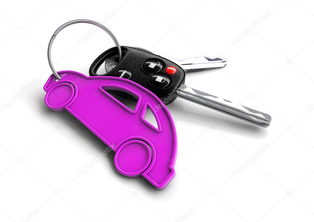Car keys with pink passenger vehicle icon as keyring.