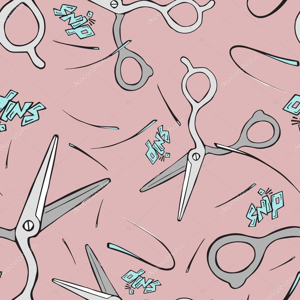 Seamless pattern of hairdresser scissors cutting hair on pink ba Stock  Photo by ©crashtackle 86610778