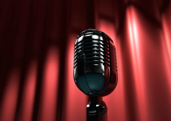 Vintage microphone on stage with red curtains. Moody stage light — Stock Photo, Image