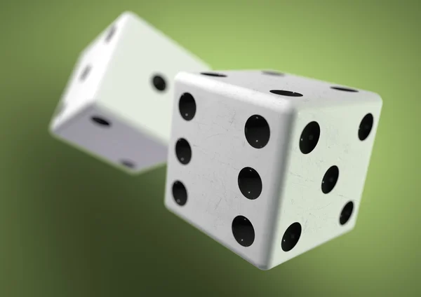 Two die (dice) captured rolling in mid air. Throwing dice in cas — Stock Photo, Image