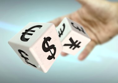 Hand throwing 2 dice with currency symbols. Concept for financia clipart