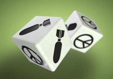 Dice with war and peace symbols on each side. Declare war on another nation or vote for peace clipart