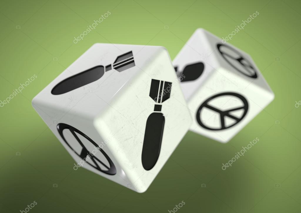 Dice with war and peace symbols on each side. Declare war on another nation or vote for peace