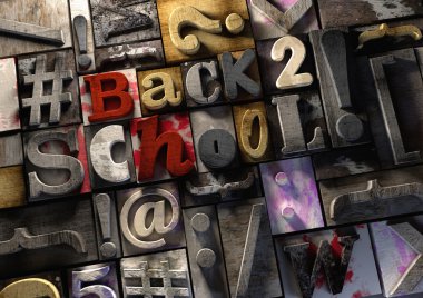 Eğitim haber - okul için! -retro ahşap baskı bloklar #Back okula başlık! Dokulu ahşap baskı bloklar bir funky renkli arka plan oluşturmak için metin karakterleri ve simgeleri kullanarak grungy tipografi.