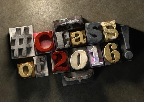 Clase Reunión 2016 título en grungy madera bloque impresión letras en — Foto de Stock