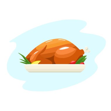 Sebze ve şifalı bir tabakta kızarmış tavuk. Beyaz arkaplanda izole edilmiş renkli gerçekçi illüstrasyon.