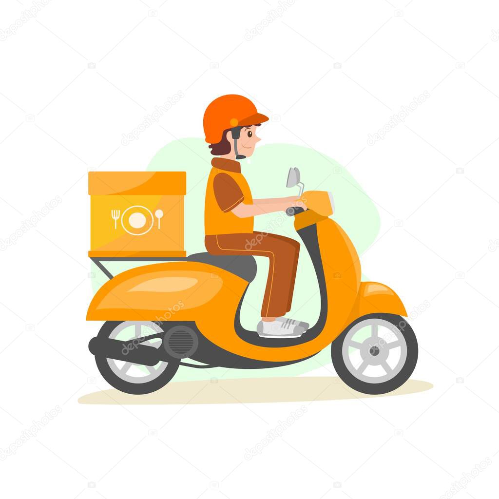Delivery guy rides a yellow scooter. Colored vector illustration.
