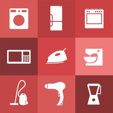 Teçhizatlar. Ev aletlerinin vektör simgeleri: demir, buzdolabı, elektrik süpürgesi ve diğerleri.