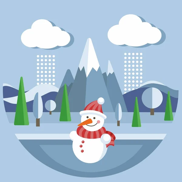 Зимняя Природа Заснеженные Горы Снеговик Новогодняя Векторная Иллюстрация — стоковый вектор