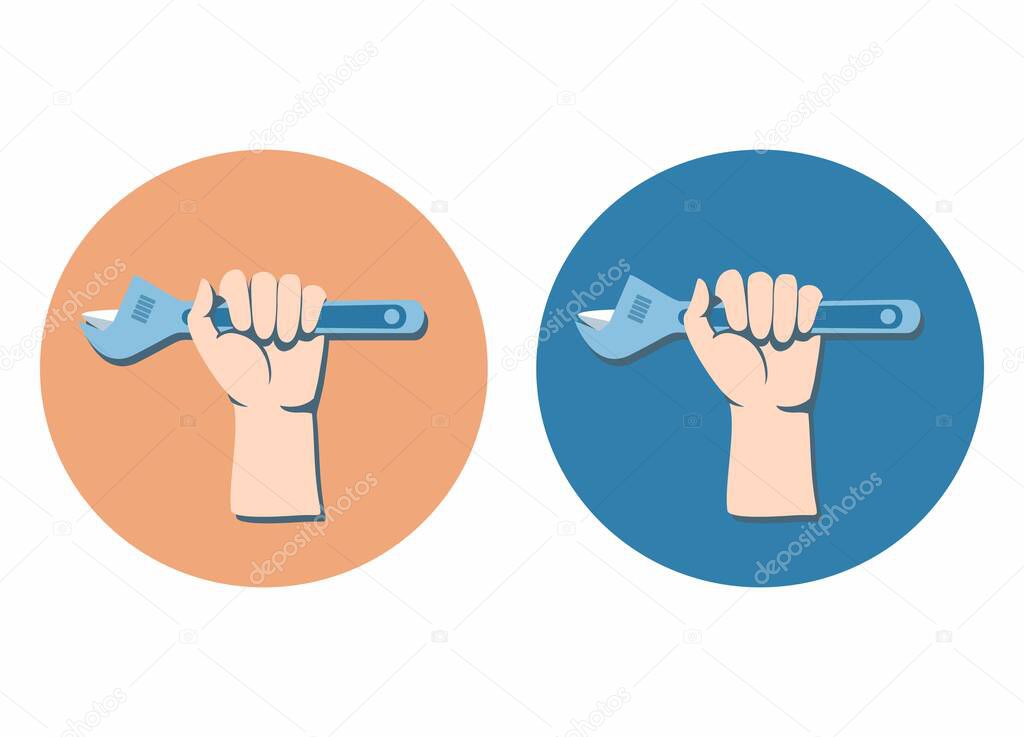 Adjustable wrench in hand. A man holds an adjustable wrench in his hand. Colored vector illustration.