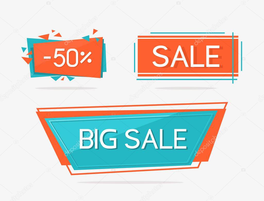 Sale badges, price tags, banners. Badges for sales, discounts and promotions. Vector colored icons in orange and turquoise colors.