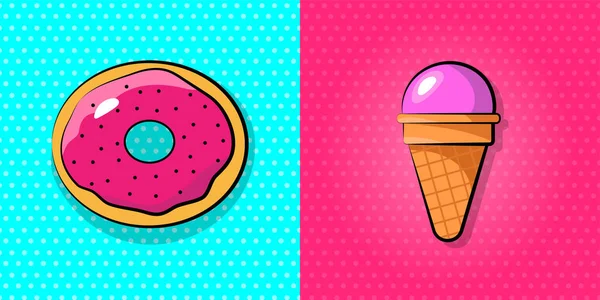 Donut Crème Glacée Dans Style Pop Art Illustration Vectorielle Lumineuse — Image vectorielle