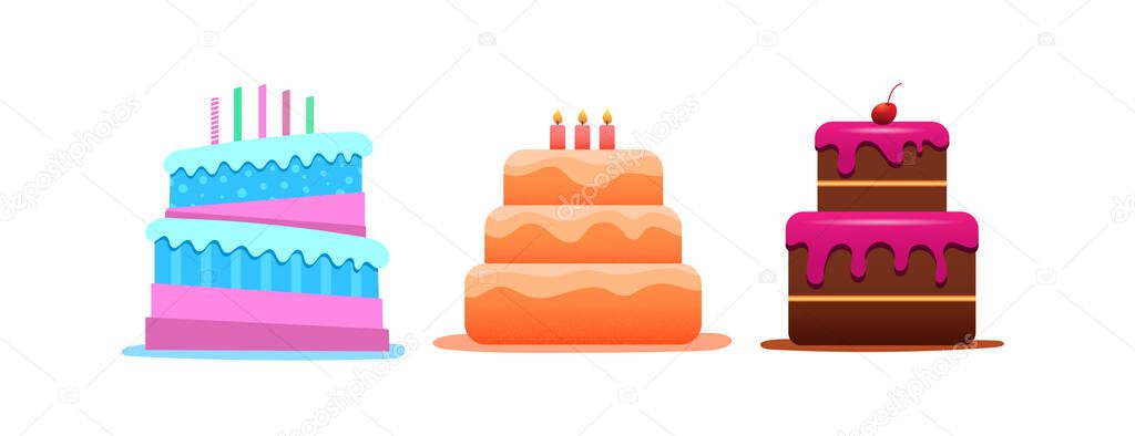Set of vector cakes. Three cakes of different colors and shapes. Cakes isolated on white background.
