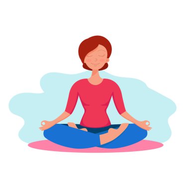 Kız meditasyon yapıyor. Düz illüstrasyon beyaz arkaplanda izole edildi.