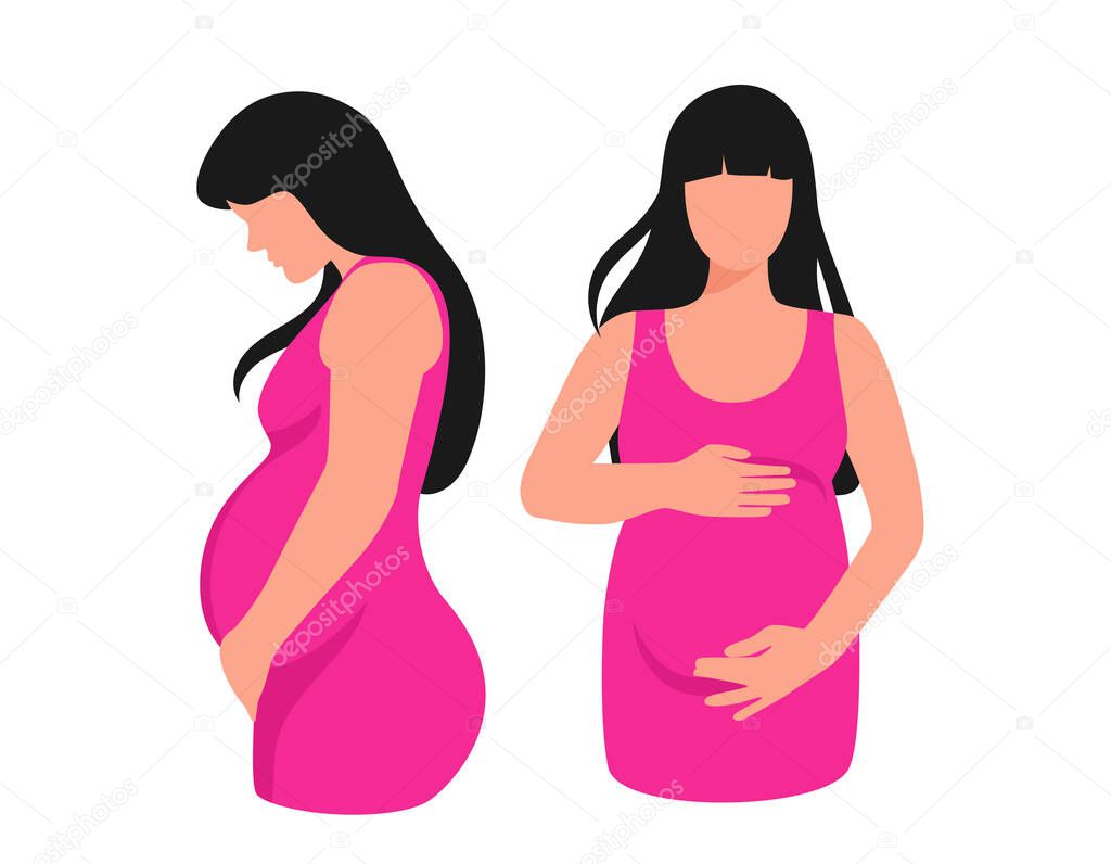 Pregnant woman. Profile and full face of a pregnant woman. Flat vector illustration isolated on white background.