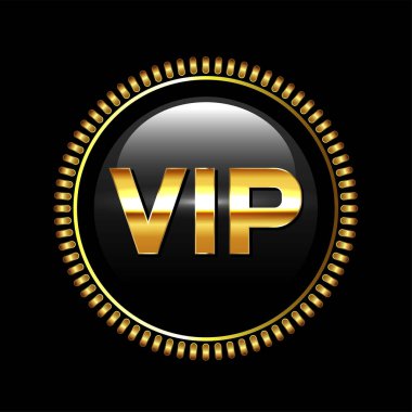 VIP kartı. Altın çerçeveli siyah bir madalyonun arka planında Vip var. Vektör illüstrasyonu.