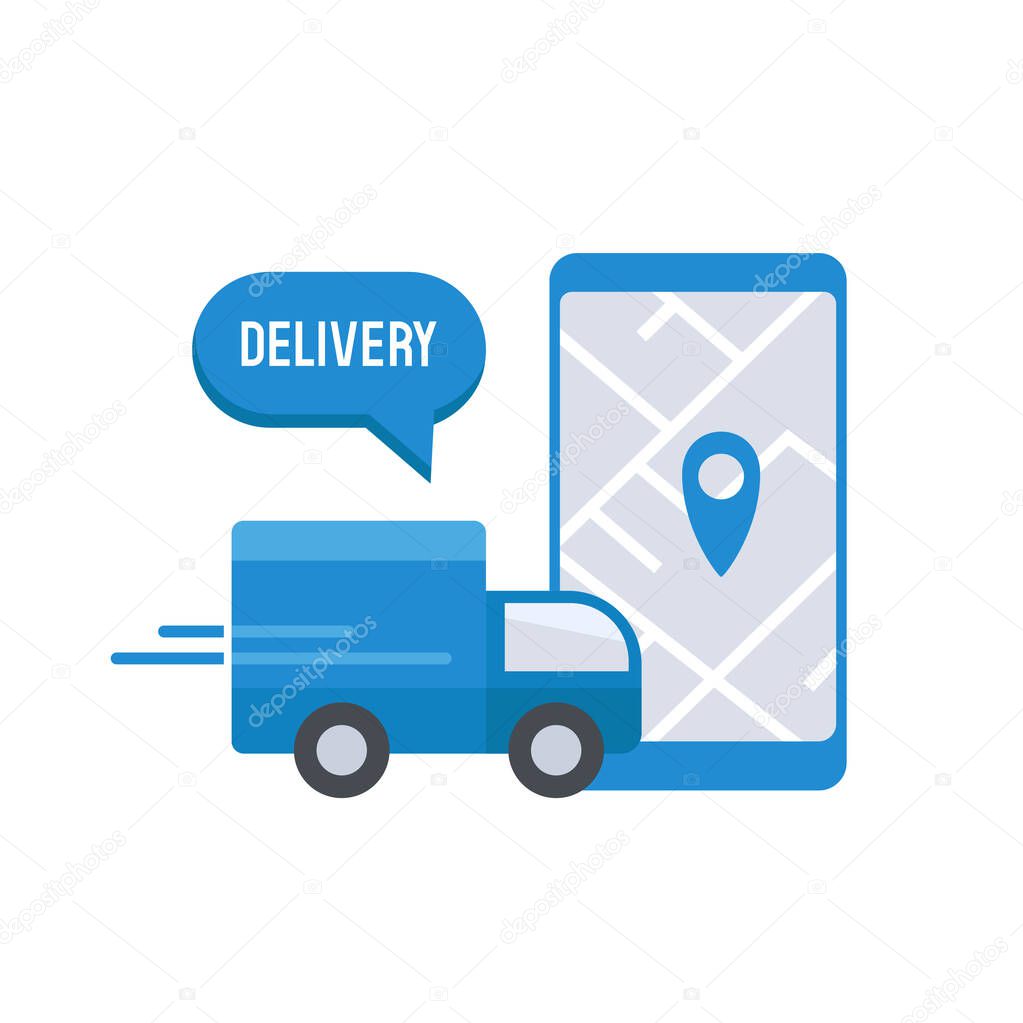 Delivery concept. Delivery car and smartphone with navigation. Vector illustration.