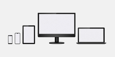 Dijital aygıt ekran modeli. İçeriği göndermek için boş ekranlı Gadget şablonları. Laptop, monitör, akıllı telefon ve tablet modeller. Vektör illüstrasyonu.