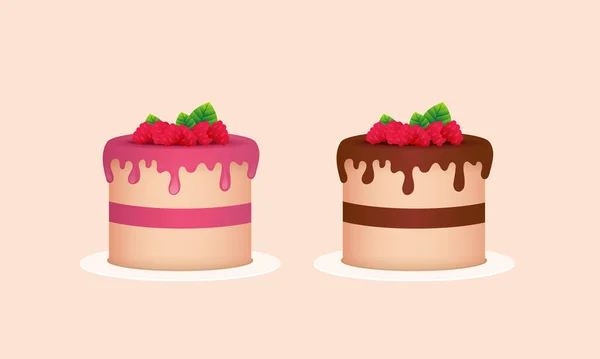 Dos Pasteles Pasteles Esponja Con Chocolate Crema Rosas Pasteles Decorados — Archivo Imágenes Vectoriales