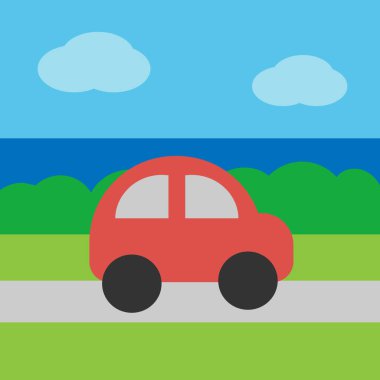 Çizgi film manzarası. Bir araba yol boyunca ormanın ve denizin arka planına doğru gidiyor. Vektör illüstrasyonu.