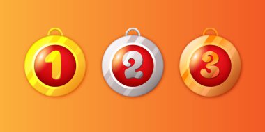 Birinci, ikinci ve üçüncü olmak üzere madalya. Altın, gümüş ve bronz madalyalar. Çizgi film madalyaları vektör çizimi.