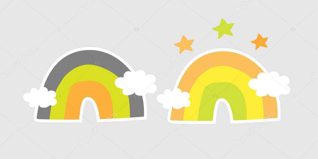 Cartoon rainbow. Set of cartoon flat trendy rainbows. Vector illustration isolated on gray background.