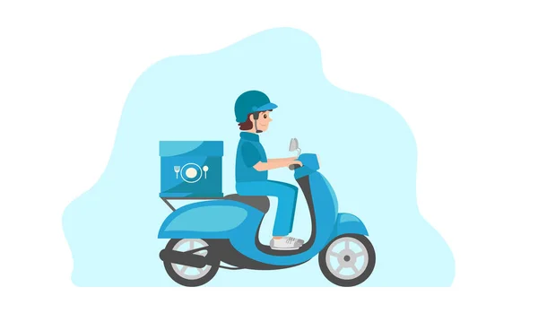 Livraison Nourriture Homme Chevauchant Scooter Bleu Illustration Pour Livraison Nourriture — Image vectorielle