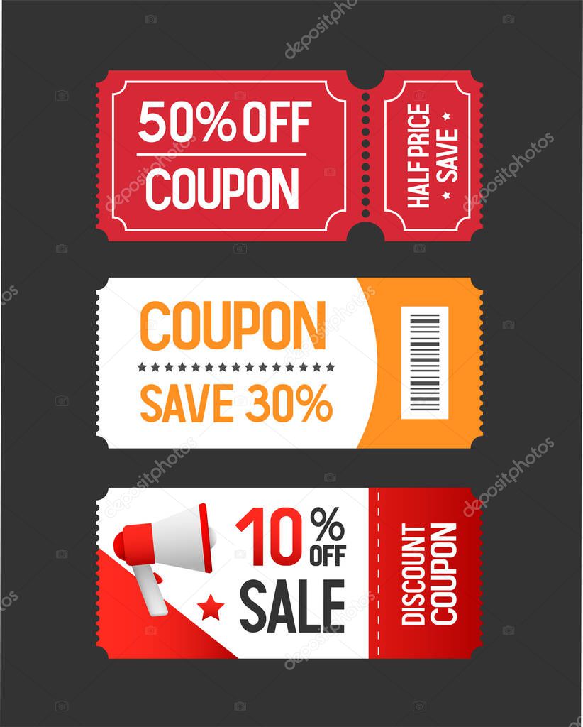 Discount coupon set. Half Price Offer And Coupons Template. Vector illustration isolated on gray background.