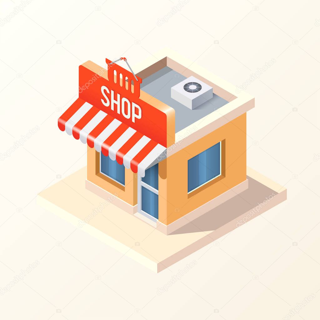 3d shop. Isometric 3d shop, vector illustration isolated on white background. Building with a signboard 