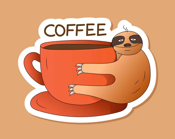 Sloth Embrasse Une Tasse Café Sticker Vectoriel Drôle Avec Une — Image vectorielle