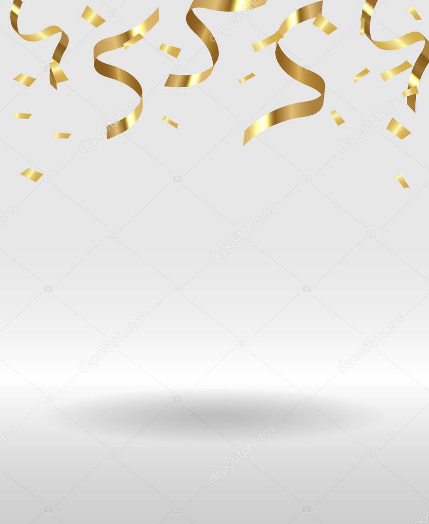 Blank gray background with gold confetti. Background for placing various elements. Festive template with golden decorations. Vector 3d illustration.