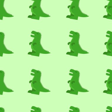 Dinozor kusursuz desen. Açık yeşil arka planda yeşil karikatür dinozoru. Vektör düz desen.