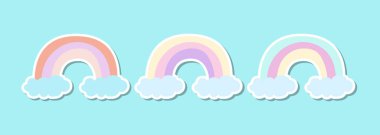 Çizgi film gökkuşağı ve bulutlar. Gökkuşağı renkli pastel set. Vektör çizimi. Gökkuşağı etiketi.