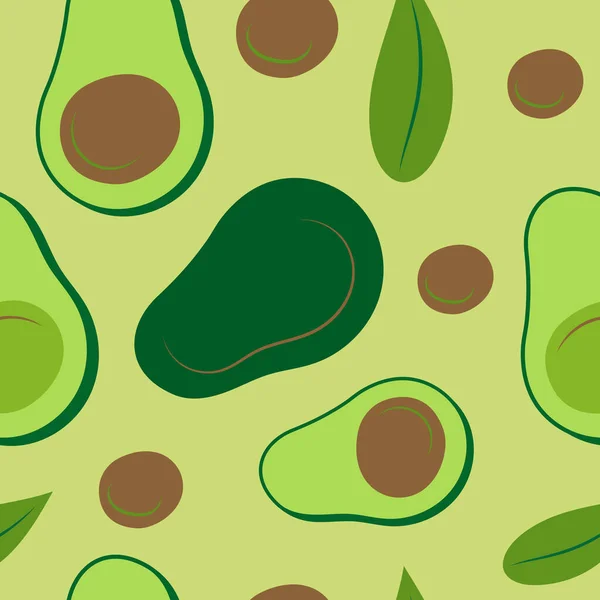 アボカドのシームレスなパターン 緑の背景に種と葉を持つアボカド ベクトルパターン — ストックベクタ