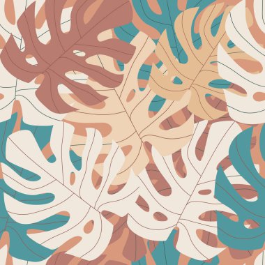 Monstera kusursuz desen. Beyaz arka planda çok renkli canavar yaprakları. Vektör modu.