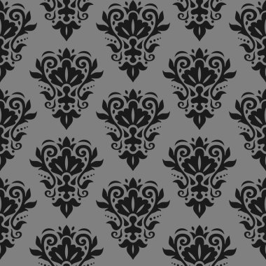 Damask pürüzsüz desen. Dekoratif duvar kağıdı. Şam modası süsü. Gri arkaplanda siyah çiçek deseni var. Vektör dokusu.