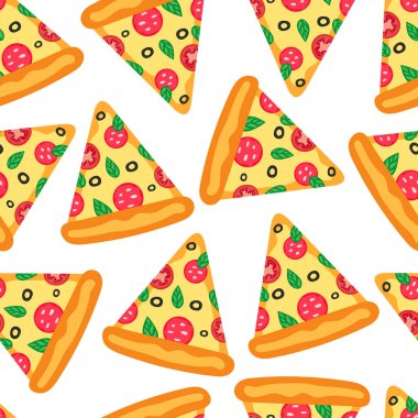 Pizzalar kusursuz. Hafif arka planda pizza parçaları. Vektör düz desen.