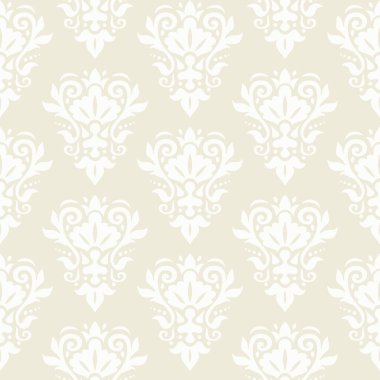 Damask pürüzsüz desen. Dekoratif duvar kağıdı. Şam modası süsü. Bej arka planda beyaz çiçek süsü. Vektör dokusu.