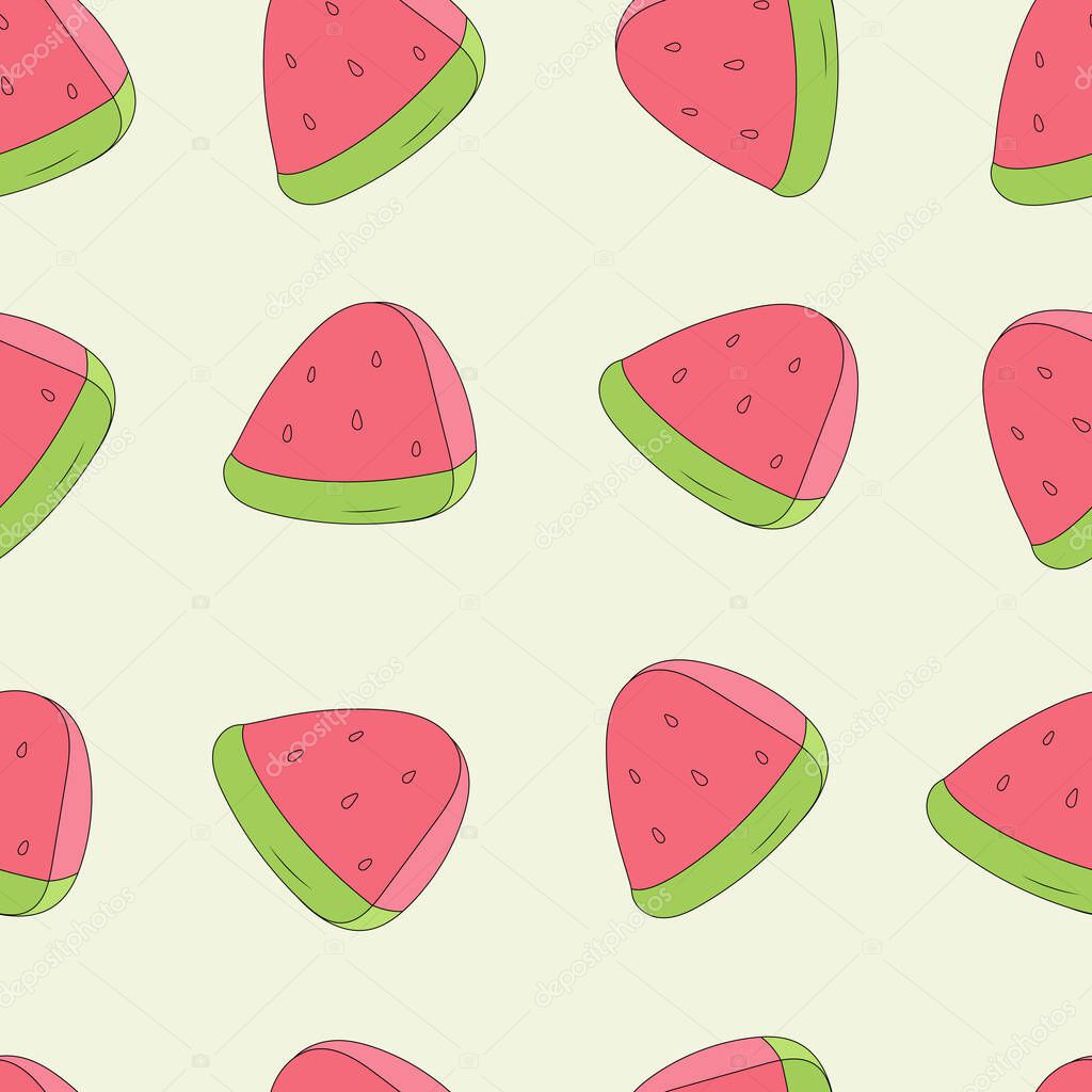 Watermelon seamless pattern. Hand-drawn slices of watermelon on a light background. Doodle vector pattern.