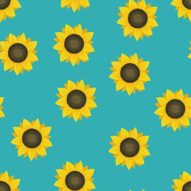 Ayçiçeği deseni kusursuz. Mavi arka planda küçük ayçiçekleri. Vektör düz desen.