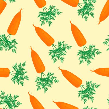 Havuç desensiz. Açık sarı arka planda havuç ve yapraklar. Vektör düz desen.