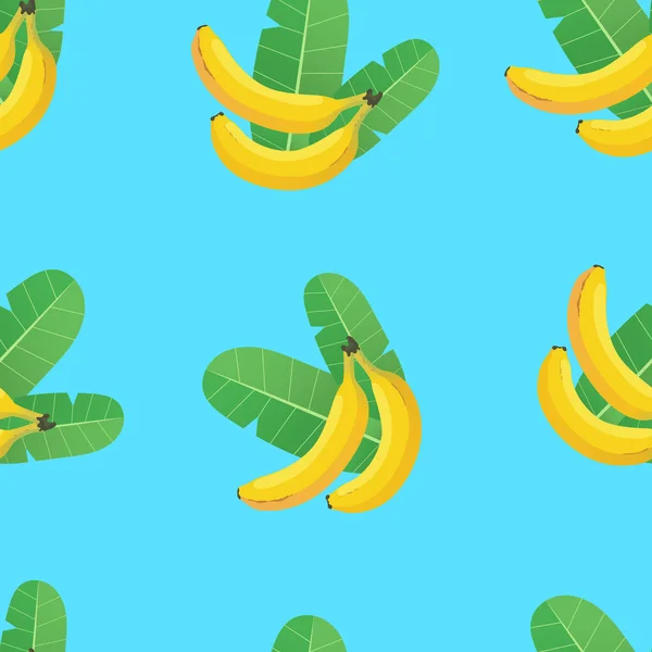 バナナとバナナはシームレスなパターンを残します 青い背景に2つのバナナと2つの緑の葉 ベクトルパターン — ストックベクタ