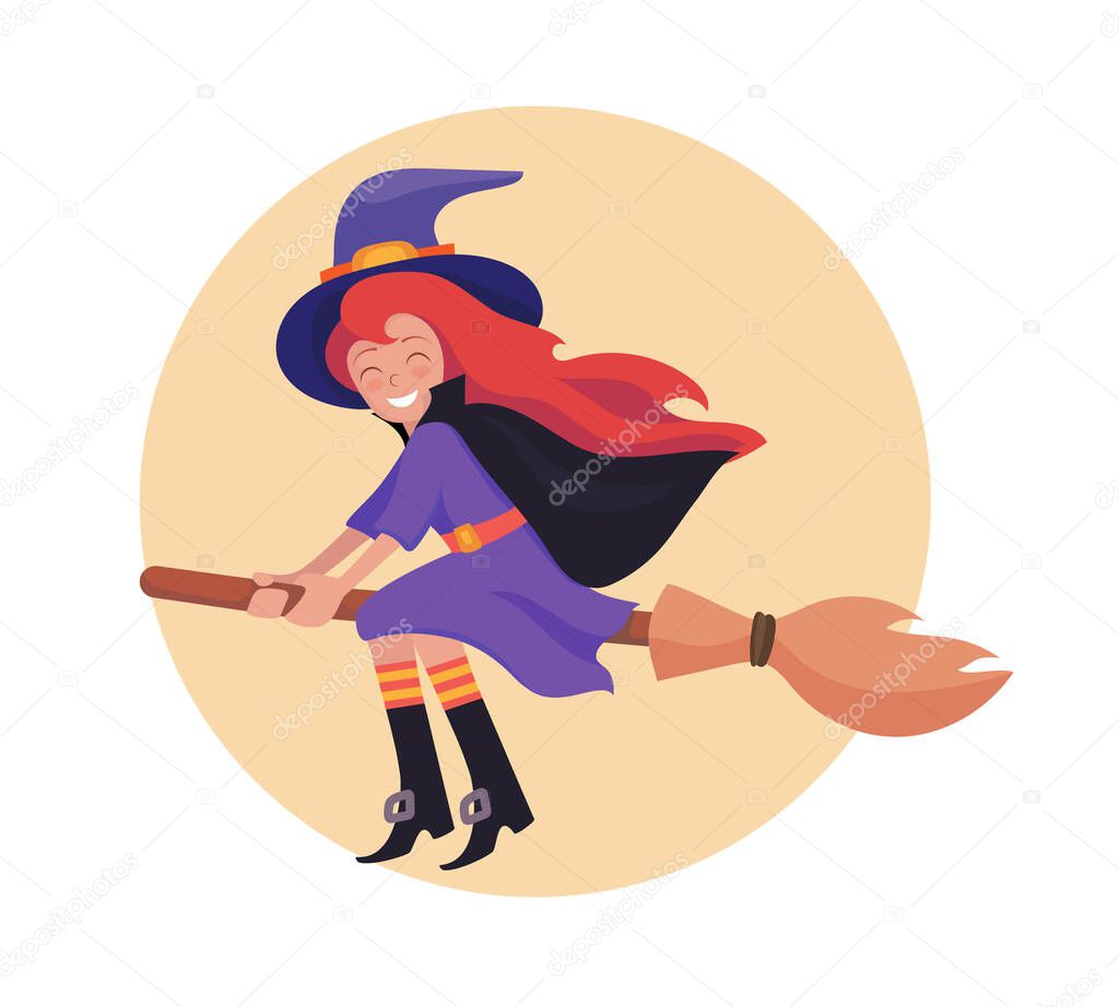  The witch flies on a broomstick. Cartoon funny witch wearing a hat and purple dress. Vector illustration.
