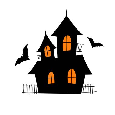  Korkunç bir ev. Turuncu pencereli, çitli ve yarasalı siyah bir ev.