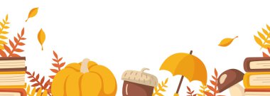 autumn, fall, frame, seamless, border, pattern, background, vector, illustration, flat, pumpkin, mushroom, leaf, fallen leaf, acorn, books, book, greeting card, umbrella, yellow foliage, decoration, element, design, ui, interface, web design, app, ga