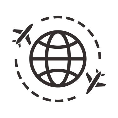 Seyahat ikonu. Uçak ve dünya ikonu. Vektör düz Clipart.