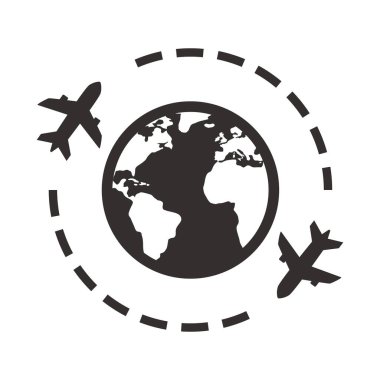 Dünyayı dolaşmak için. Uçak ve dünya ikonu. Vektör düz Clipart.