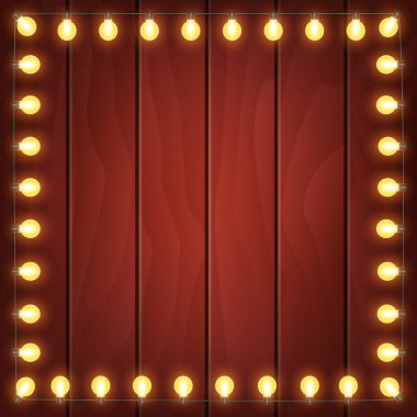 Ahşap arka planda ampuller. Noel İp Işıkları. Ampul çelengi. Vektör ortamı